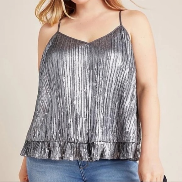Anthropologie Gray Amelie Beaded Ruffle Hem Camisole with Adjustable Straps Tank - Picture 4 of 11